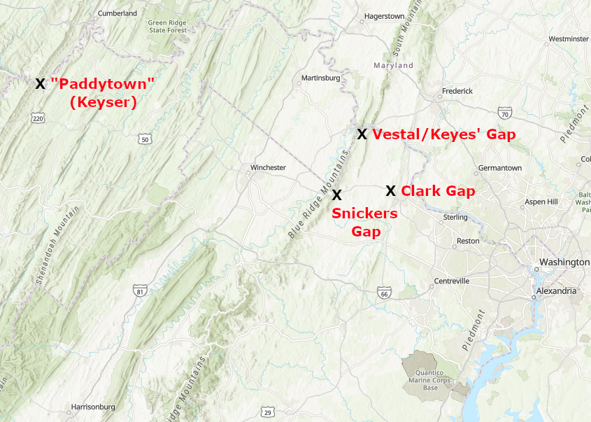 in 1853, the Alexandria, Loudoun and Hampshire Railroad considered crossing the Blue Ridge at Vestal/Keyes' Gap or via tunnel near Snicker's Gap