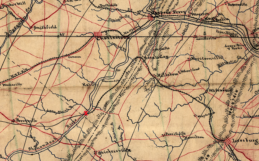 the Alexandria, Loudoun and Hampshire planned to build across the Blue Ridge to, initially, intercept traffic floating on the Shenandoah River (red X) to Harpers Ferry