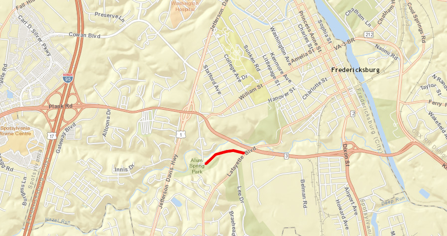 Alum Springs Road (red line) and a trail in the park mark a segment of the route of the old Fredericksburg and Gordonsville Railroad