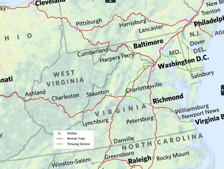 Amtrak routes in Virginia, as of 2010