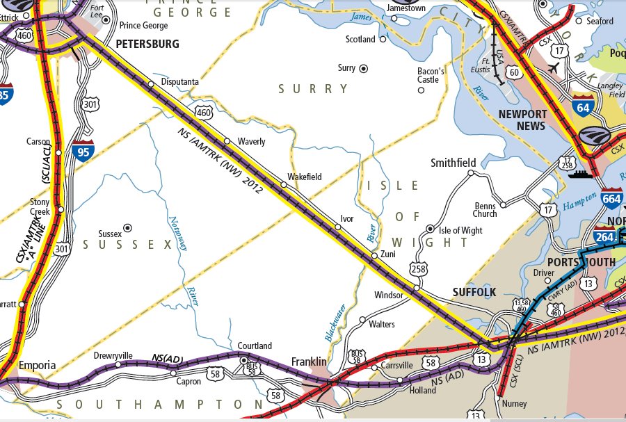 today, no railroad tracks go northeast through Sussex and Surry counties to the James River