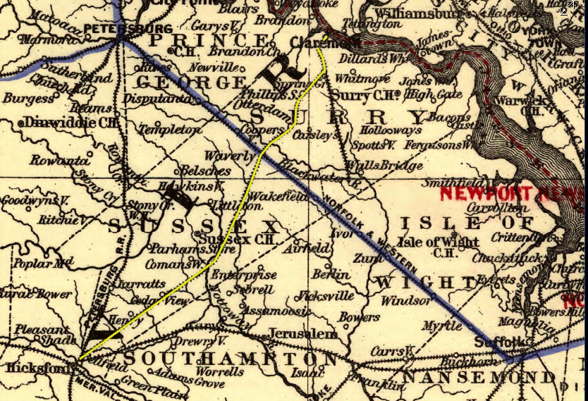the first part of the Atlantic and Danville Railroad to be constructed was a narrow-gauge line from Emporia to Claremont (yellow line) that intersected the Norfolk and Western (blue line) at Waverly