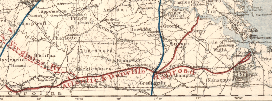 the Atlantic and Danville Railroad connected the upper Roanoke River watershed to the Chesapeake Bay