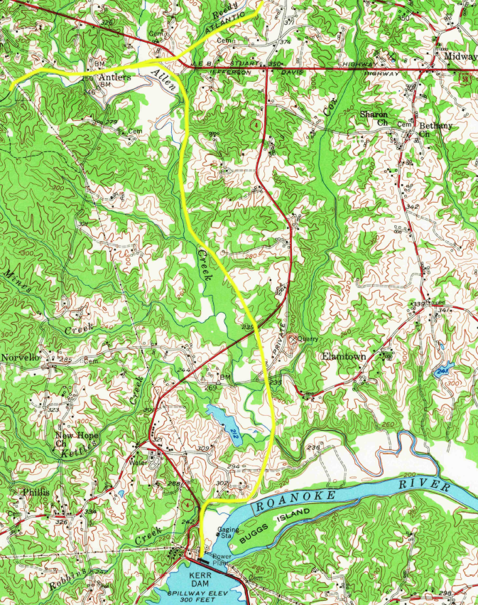 the Atlantic and Danville Railway (yellow line) build a branch line in Mecklenburg County to haul construction material to the Kerr Dam