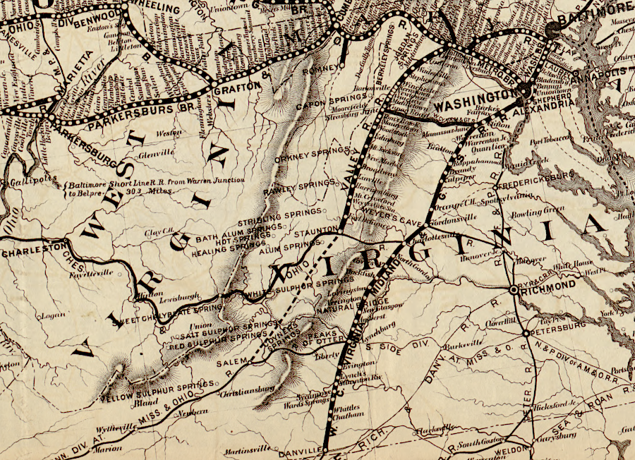 at its peak, the Baltimore and Ohio (B&O) Railroad controlled track to Staunton and Danville