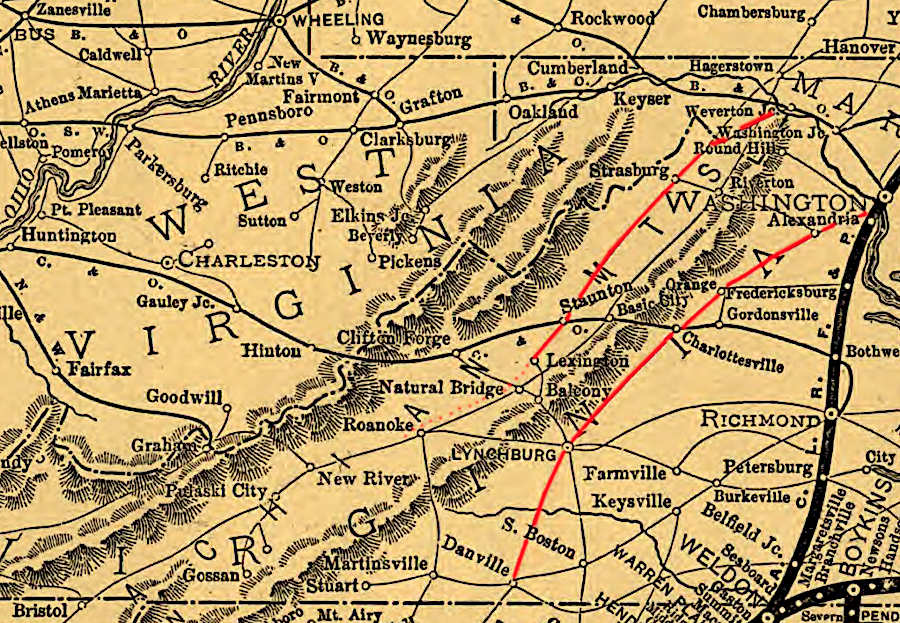 after the Civil War the Baltimore and Ohio Railroad gained control of a trunk line east of the Blue Ridge, and tried to build a parallel route west of the mountains