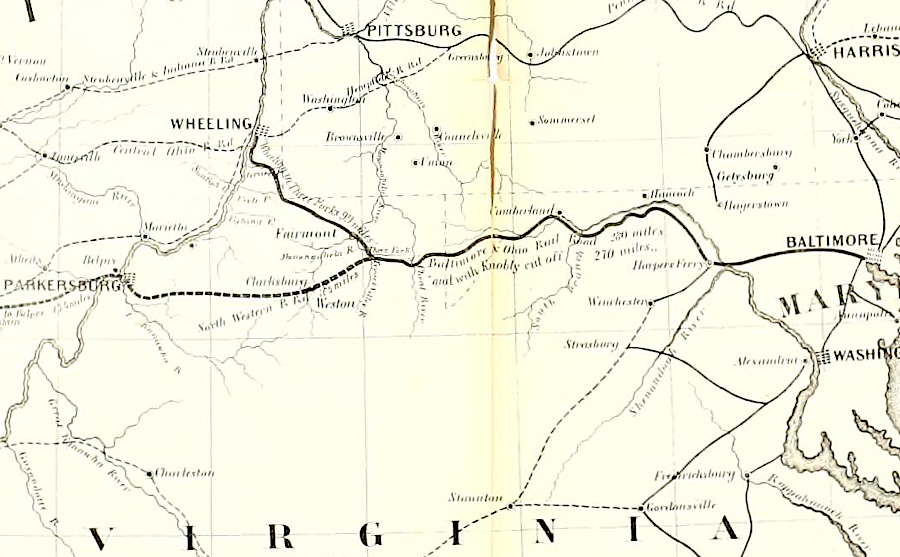 the Baltimore and Ohio (B&O) Railroad built to the Ohio River at Wheeling and via the Northwestern Virginia Railroad to Parkersburg, with a junction at Grafton