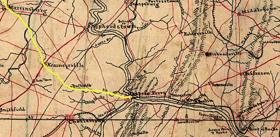 the Baltimore and Ohio Railroad built west from Harpers Ferry to Martinsburg, because the C&O Canal gained exclusive rights to the north bank of the Potomac River