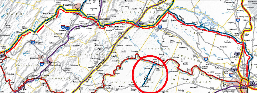 the Buckingham Branch Railroad began operating between Dillwyn-Bremo Bluff (red circle) in 1989, and between Richmond-Clifton Forge in 2004