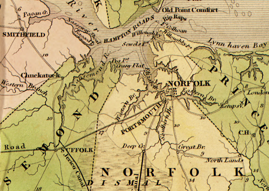 before construction of the Norfolk and Petersburg Railroad, the Portsmouth and Roanoke Railroad was the only railroad link to ports in Hampton Roads
