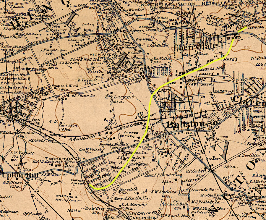 the Washington and Old Dominion Railway built three miles of new track (yellow) to connect to the Bluemont Branch in 1918