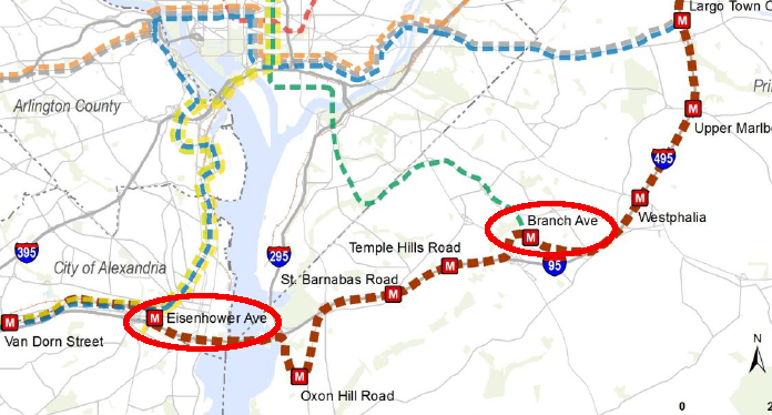 a light rail link between Alexandria and southern Maryland could also be developed as a heavy rail route, part of the proposed Brown Line for Metrorail