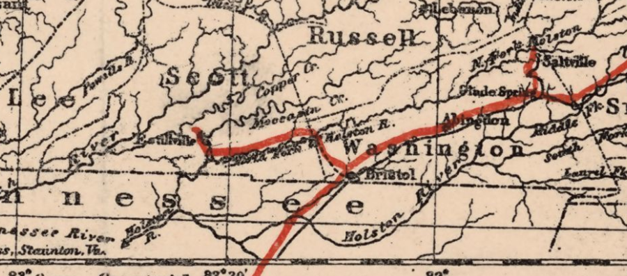 the South Atlantic and Ohio was built west from Bristol through Moccasin Gap near Estillville (Gate City)