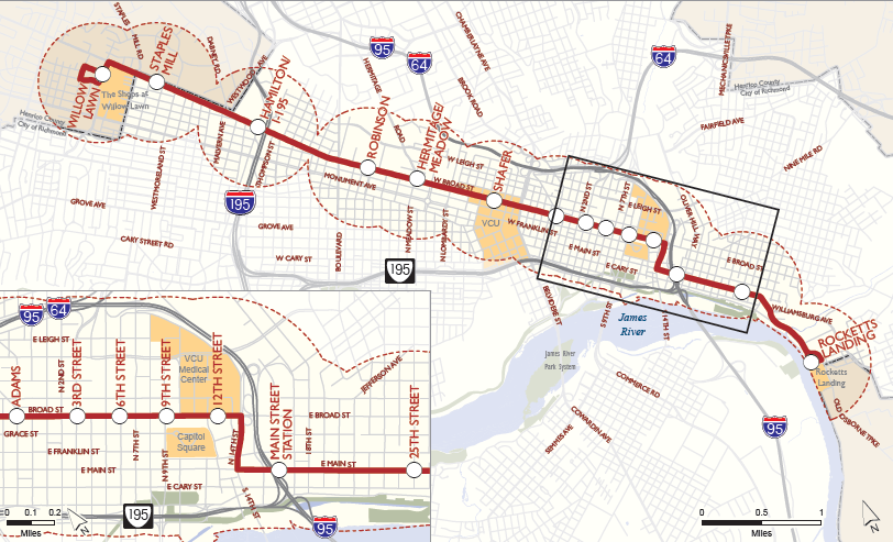 Richmond chose to use a Bus Rapid Transit (BRT) system rather than light rail to expand transit service between downtown and the wealthy West End suburbs