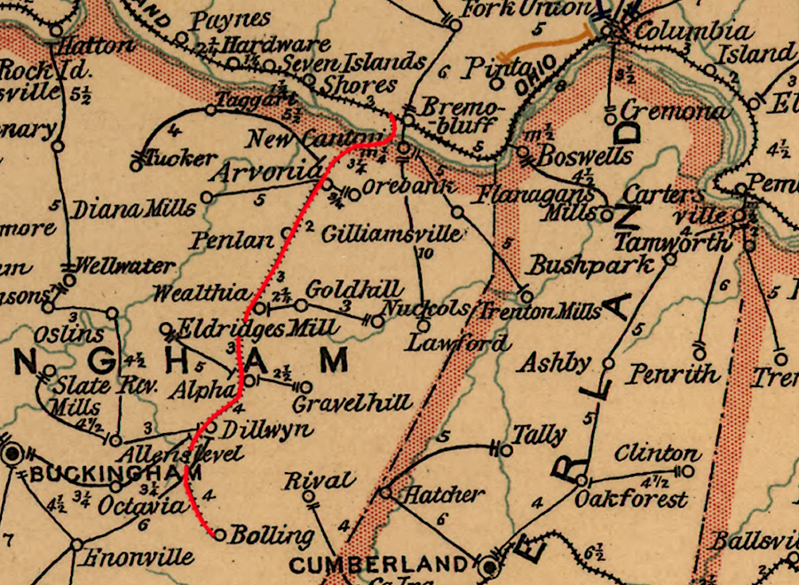 the Buckingham Railroad in 1896, just before it was folded into the Chesapeake and Ohio Railway