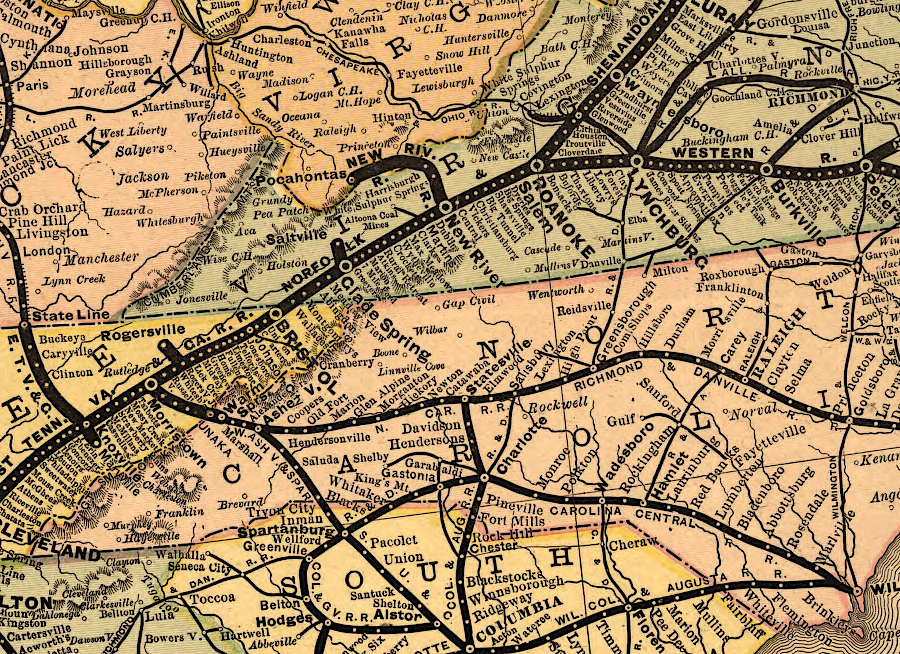 in 1882 railroads crossed the Blue Ridge at Roanoke and Asheville, and not in-between until construction of the Carolina, Clinchfield and Ohio Railway
