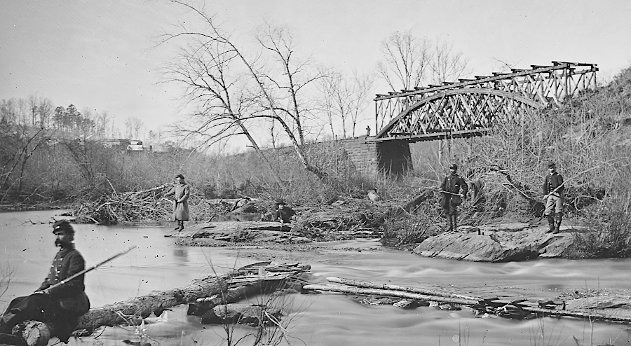 the Orange and Alexandria Railroad bridge over Bull Run was destroyed and rebuilt several times during the Civil War, but the sandstone pillars are still intact today