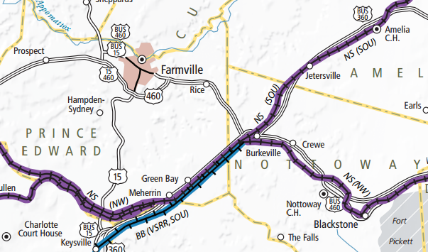 the rail line west of Burkeville to Farmville has been abandoned, but Burkeville is still a railroad junction with an interchange between the Norfolk Southern and Buckingham Branch railroads