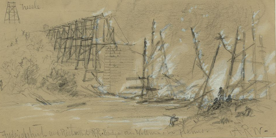 the Richmond, Fredericksburg and Potomac Railroad bridge over the North Anna River was burnt in 1864