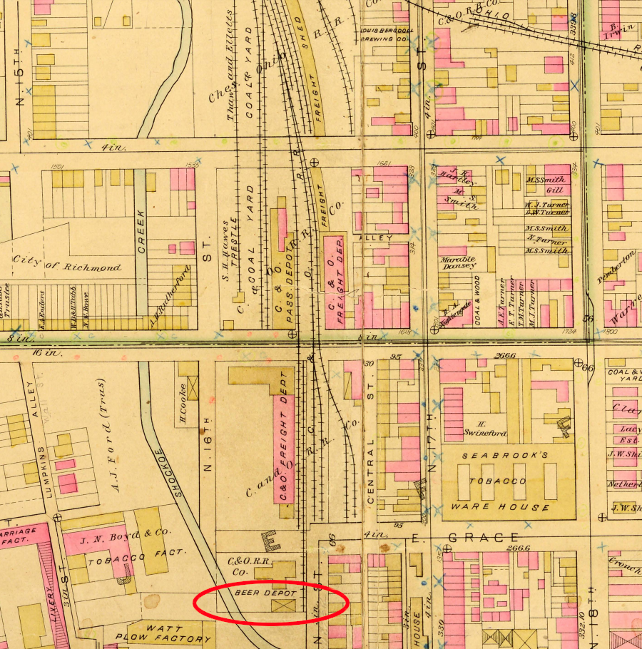 the Chesapeake and Ohio Railroad track in Richmond ended at the beer depot in 1889