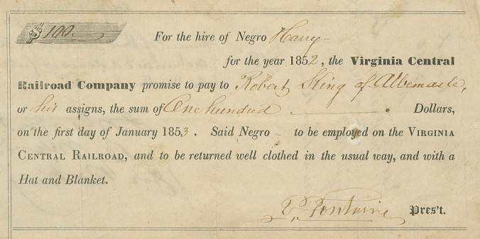 the Virginia Central hired enslaved people to contruct the railroad