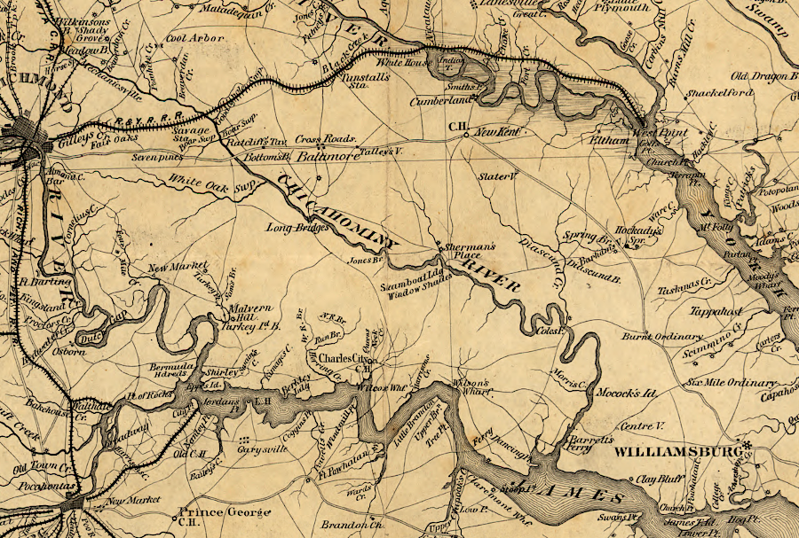 there was no railroad on the Peninsula until the Chesapeake and Ohio Railroad built from Richmond to Newport News in 1882