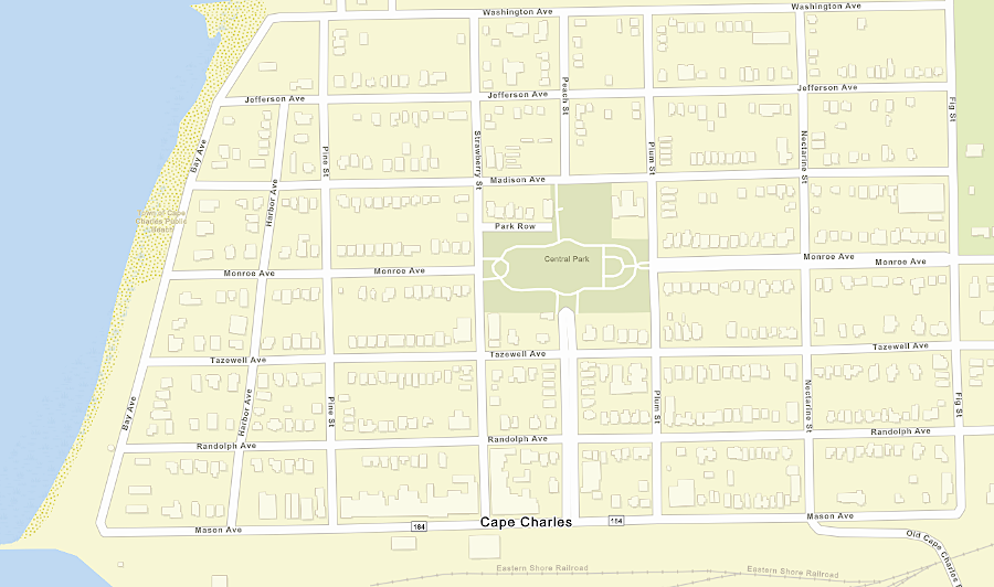 the town of Cape Charles was planned and built as part of the construction of the New York, Philadelphia and Norfolk Railroad, with streets named by the railroad's founder (Bay and Harbor avenues were added later)