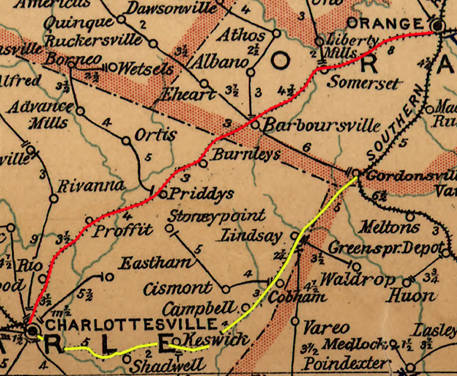 the Charlottesville & Rapidan Railroad (red), and the formerly-shared track from Gordonsville-Charlottesville (yellow)