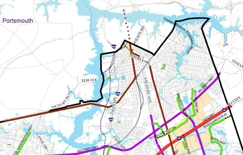 the City of Chesapeake connection to The Tide light rail at Harbor Park in Norfolk (brown line) will require crossing the Eastern Branch of the Elizabeth River
