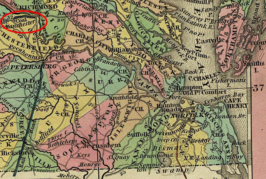 the Chesterfield Railroad brought coal to Manchester, while the Peterburg Railroad brought all sorts of traffic north from the Roanoke River