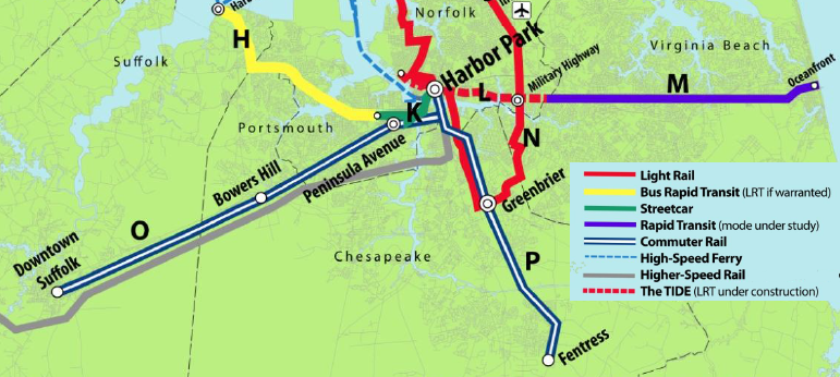 in the 2011 Hampton Roads Regional Transit Vision Plan, the long-range vision for Chesapeake included extending light rail in Corridor N between Harbor Park-Greenbrier, then build commuter rail in Corridor P between Harbor Park-Fentress
