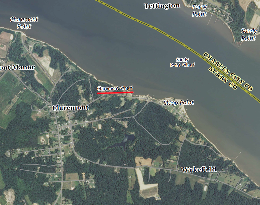 Claremont Wharf is still identified on maps, but the railroad line linking the James River to Emporia was abandoned during the Great Depression