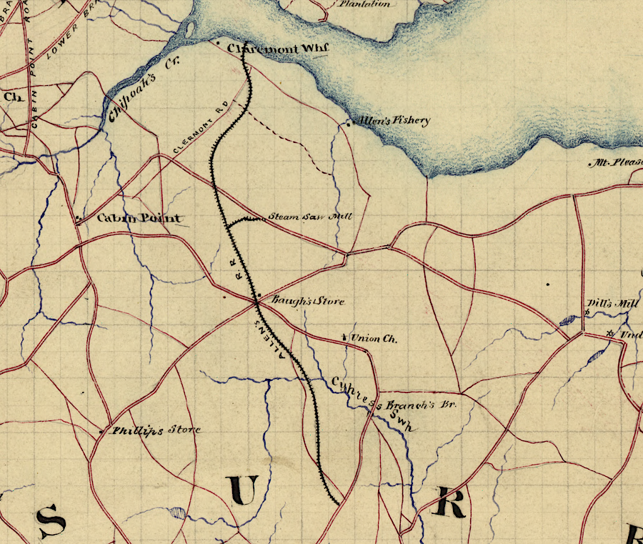 William Allen built an iron-strapped railroad on Claremont Manor before the Civil War to haul timber to the James River