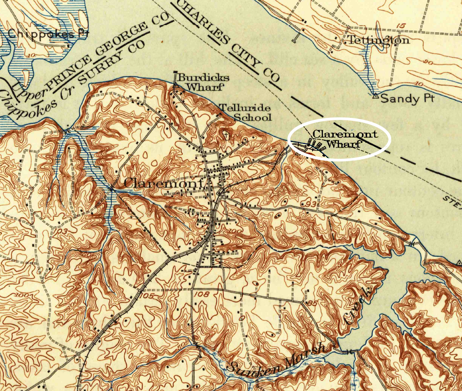 the Surry, Sussex and Southampton Railway and the the Atlantic and Danville Railroad created the port of Claremont at Sloop Point