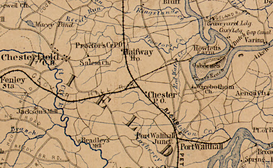 until 1867 the Clover Hill Railroad could transport coal to the James River only via the Richmond and Petersburg Railroad, or via transport by wagon east of Chester