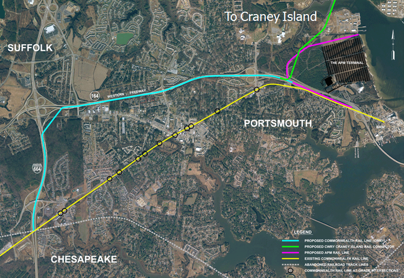 the Commonwealth Railway was moved to the center of the Western Freeway and I-664, eliminating a dozen road crossings