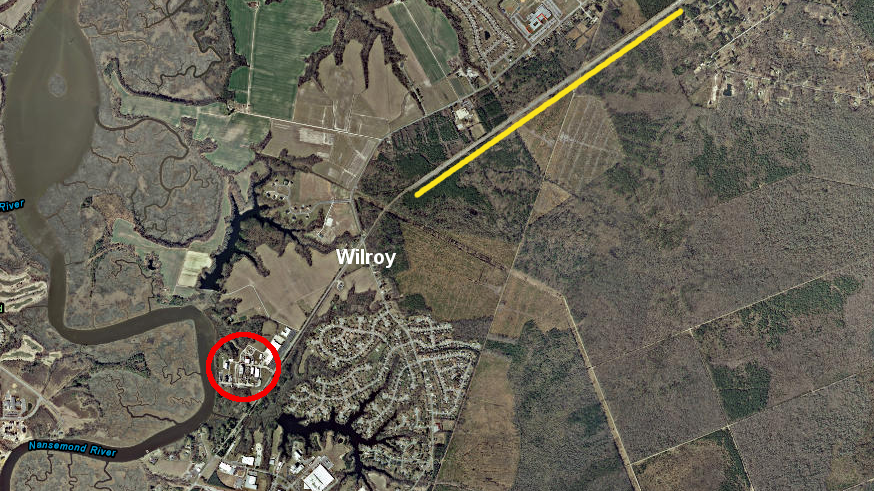 when the APM terminal opened in 2007, the Commonwealth Railway assembled longer trains at a new marshalling yard (yellow line), built northeast of the specialty chemicals plant (red circle) on the Nansemond River at Wilroy