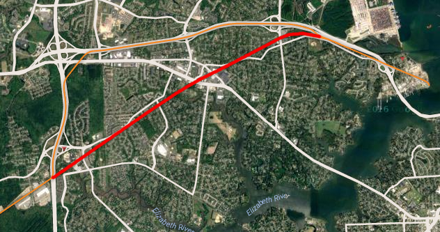 the Commonwealth Railway was realigned as part of the Heartland Corridor project, eliminating road crossings by moving it from the original route (red line) to the medians of the Western Freeway (VA Route 164) and Interstate 664