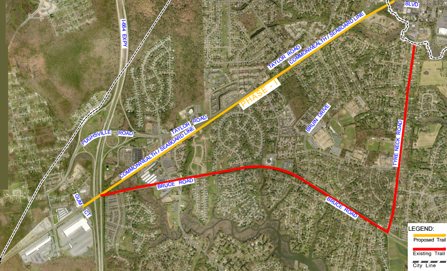 the old route of the Commonwealth Railway (straight yellow line) became a rails-to-trails project