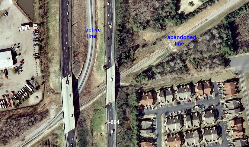 the Commonwealth Railway now curves north to run between the northbound and southbound lanes of I-664, and no longer follows the old straight route to the northeast