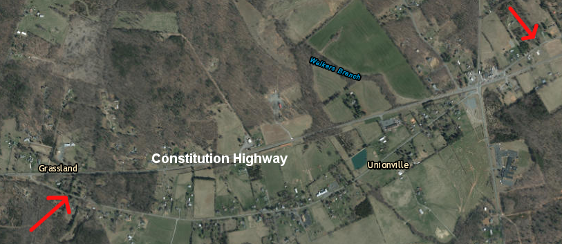 the route of the former Potomac, Fredericksburg & Piedmont Railroad is visible in Orange County on either side of US 20 (Constitution Highway)