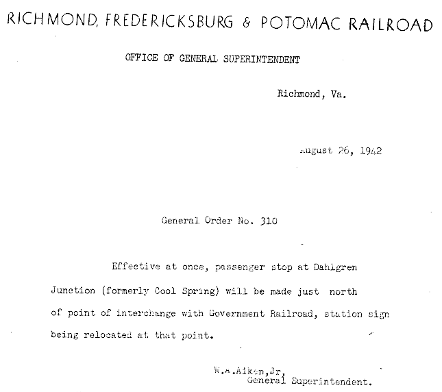 the Richmond, Fredericksburg and Potomac Railroad renamed Cool Spring as Dahlgren Junction