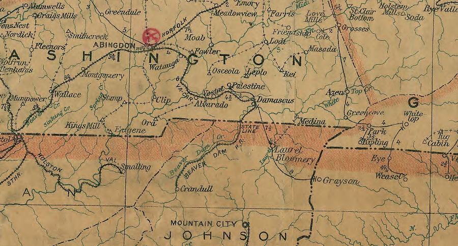 the Beaver Dam Railroad connected to the Virginia-Carolina Railroad, before construction of the extension to Whitetop and then Todd, North Carolina
