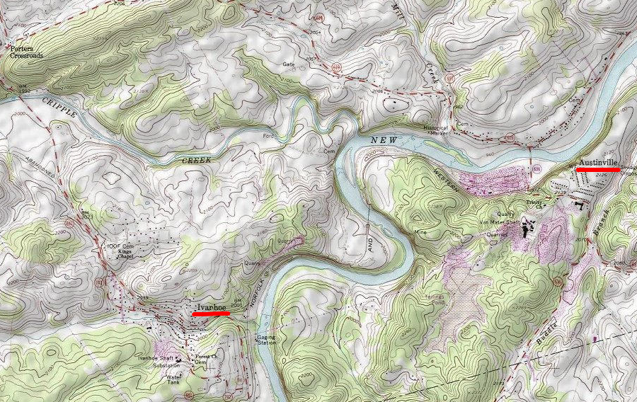 Cripple Creek flows into the New River between Austinville and Ivanhoe