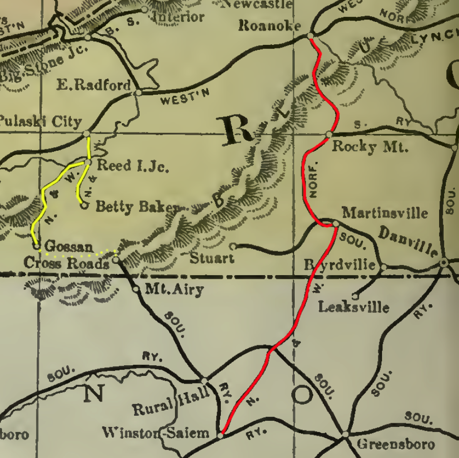 the North Carolina Extension (yellow dots) was not needed, once the Norfolk and Western Railroad acquired the Roanoke & Southern Railway or Pumkin Vine (red)