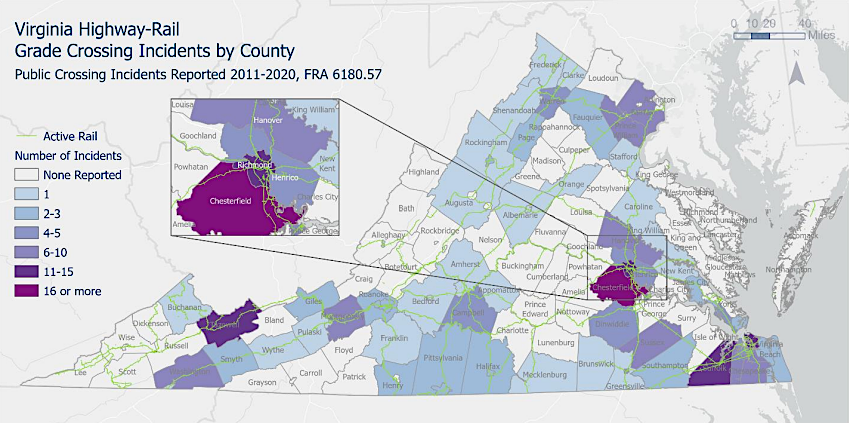 Wise County has three times the number of highway-rail crossings that than suburban Chesterfield County, but less highway traffic and fewer incidents