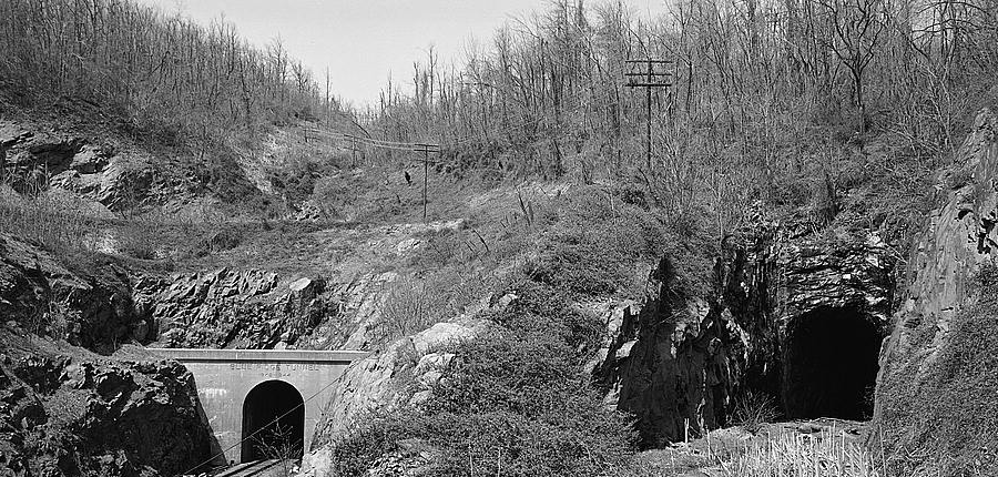 in 1944 the C&O Railroad completed the tunnel on the left and closed the Crozet Tunnel, through which trains had passed under Afton Gap since 1858