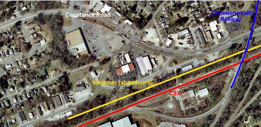 the Commonwealth Railway interchanges with the CSX east of Suffolk