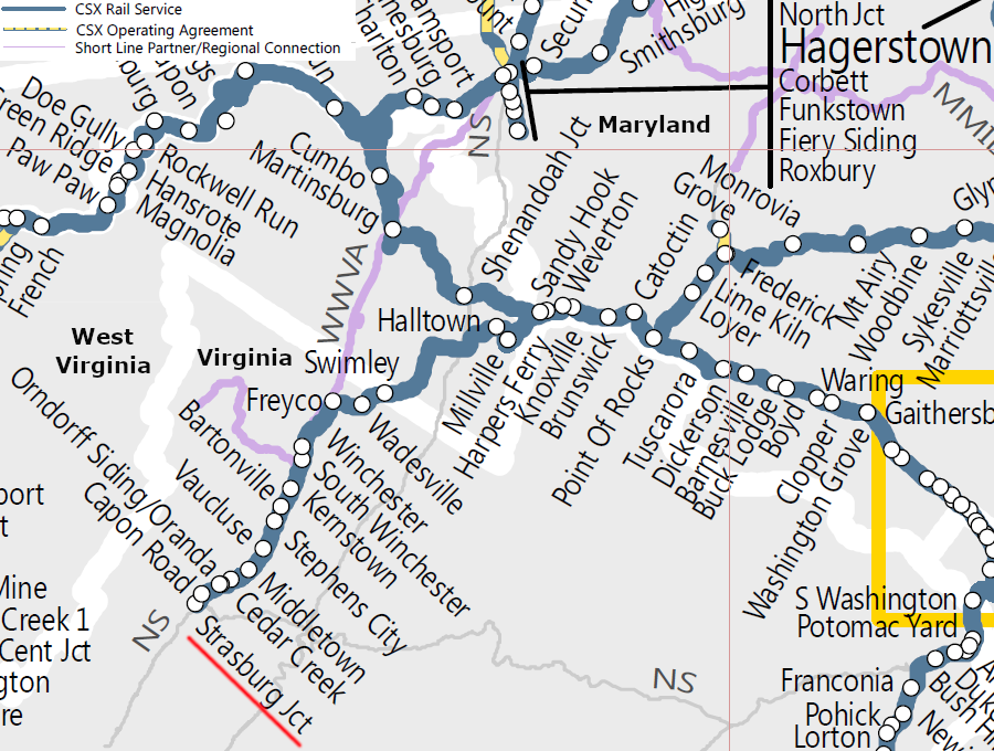 the CSX still serves Strasburg, using the route of the original Winchester and Potomac Railroad and the Winchester and Strasburg Railroad