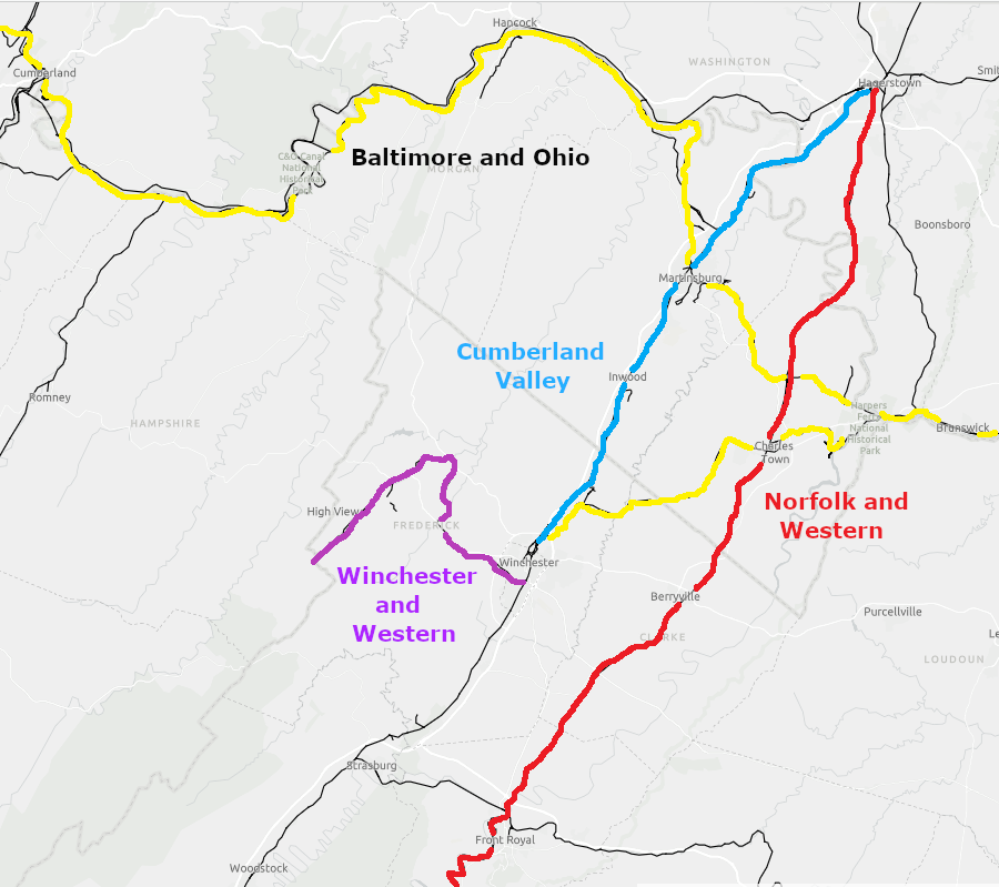 the Cumberland Valley Railroad linked Hagerstown to Winchester in 1889, and is now part of the Winchester and Western Railroad (built later in 1916)